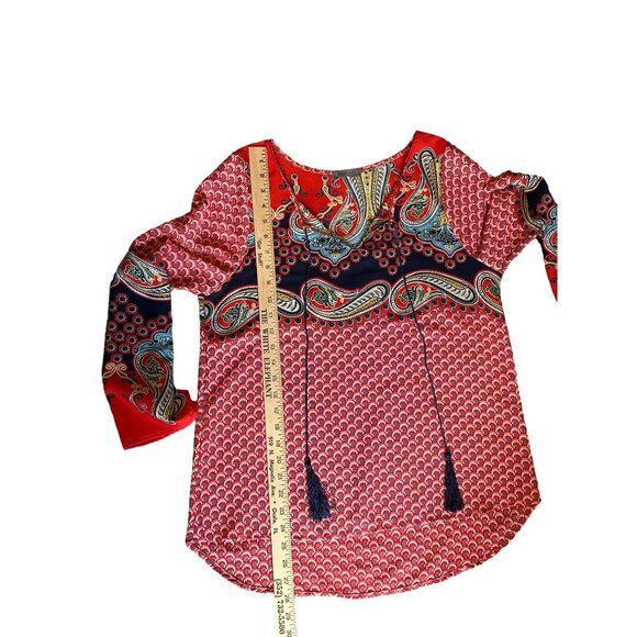 💖West Kei Women's Boho Paisley Tunic Top - Red/Navy Pattern Long Sleeve Tassel - Picture 8 of 8
